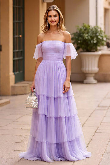 Robe de bal plissée à épaules dénudées lilas à plusieurs niveaux